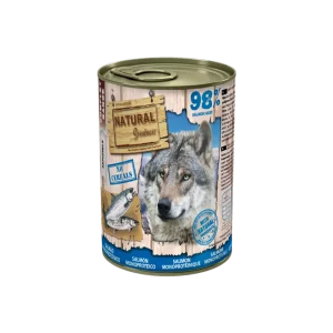Lata Natural Greatness 400g de salmón monoproteico. Comida húmeda sin cereales, rica en Omega 3 y alta digestibilidad.
