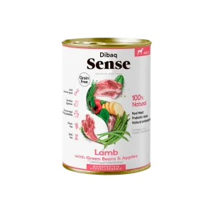 Lata Dibaq Sense grain free cordero 380g para perros. Con carne fresca, sin cereales y adecuada para estómagos sensibles.